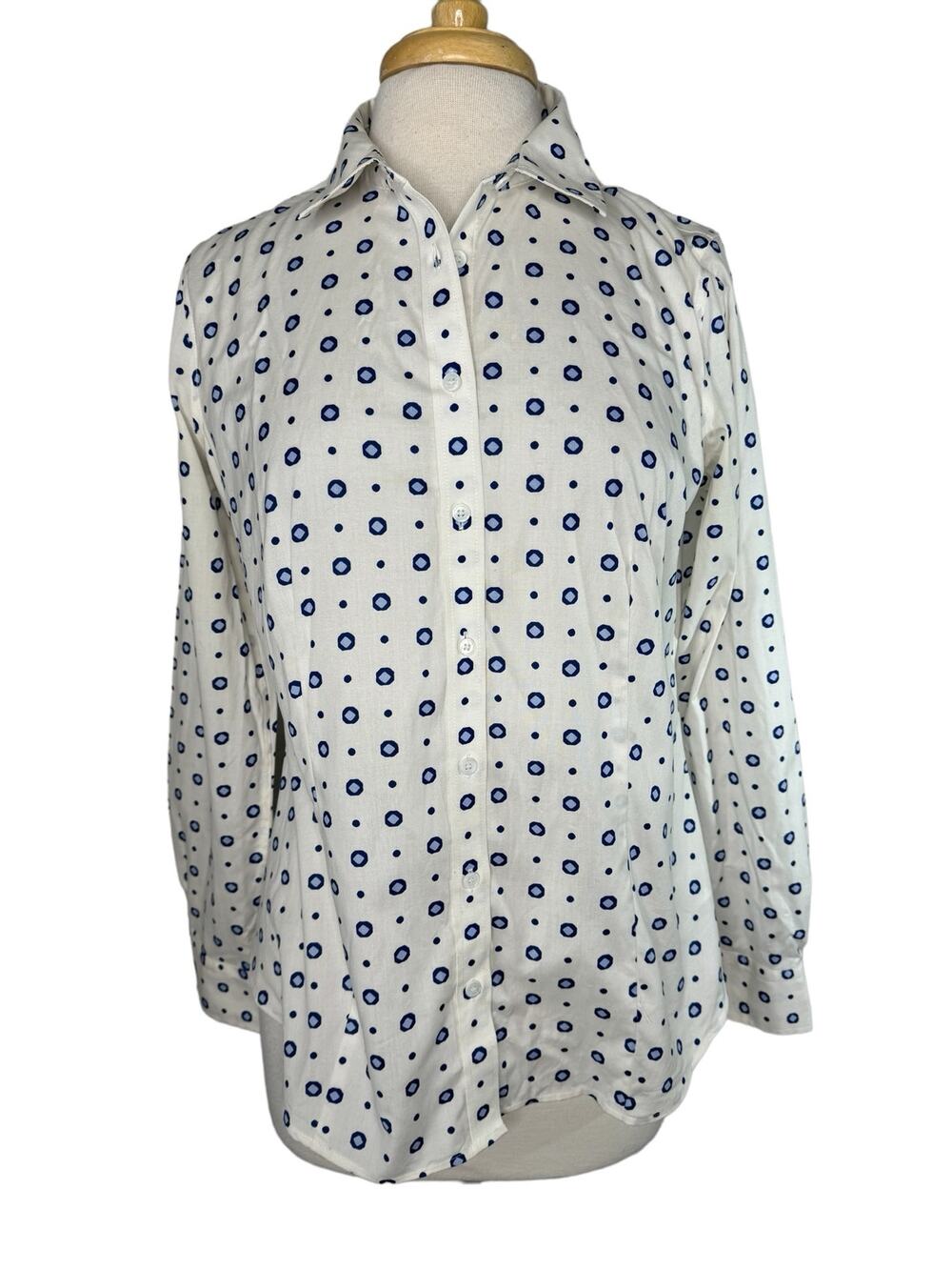 TALBOTS Ivory Blue Modern Dot Non-Iron Button Up Shirt Size 8 Cotton Spandex